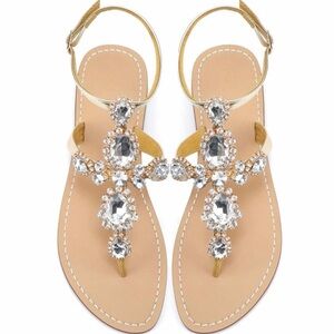 NWT Gold Sparkling Boho Gem & Crystal Encrusted Gladiator Flat Sandals Size 12